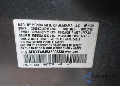 2010 Honda Pilot Ex z USA, uszkodzony, nr VIN 5FNYF4H45AB008338